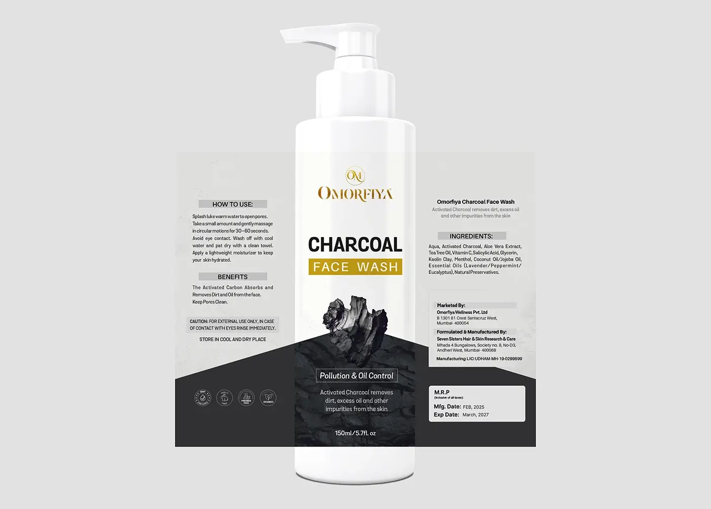 Omorfiya charcoal face wash packaging design